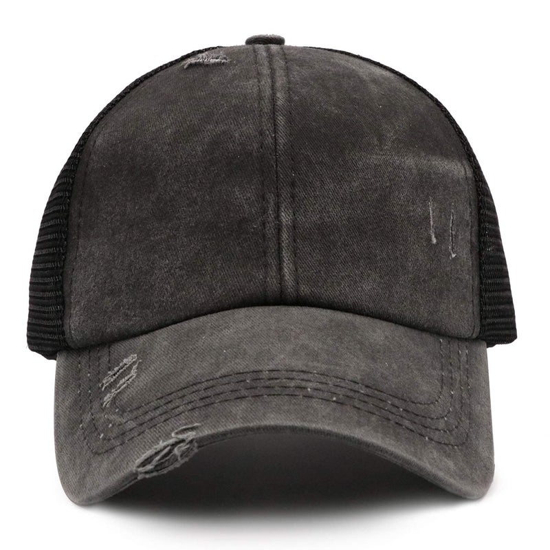 ProMindFun Womens Washed Distressed Cotton Baseball Caps High Messy Bun Ponytail Unconstructed Dad Hats Girls Sun Hat (02-Black) - Image 3